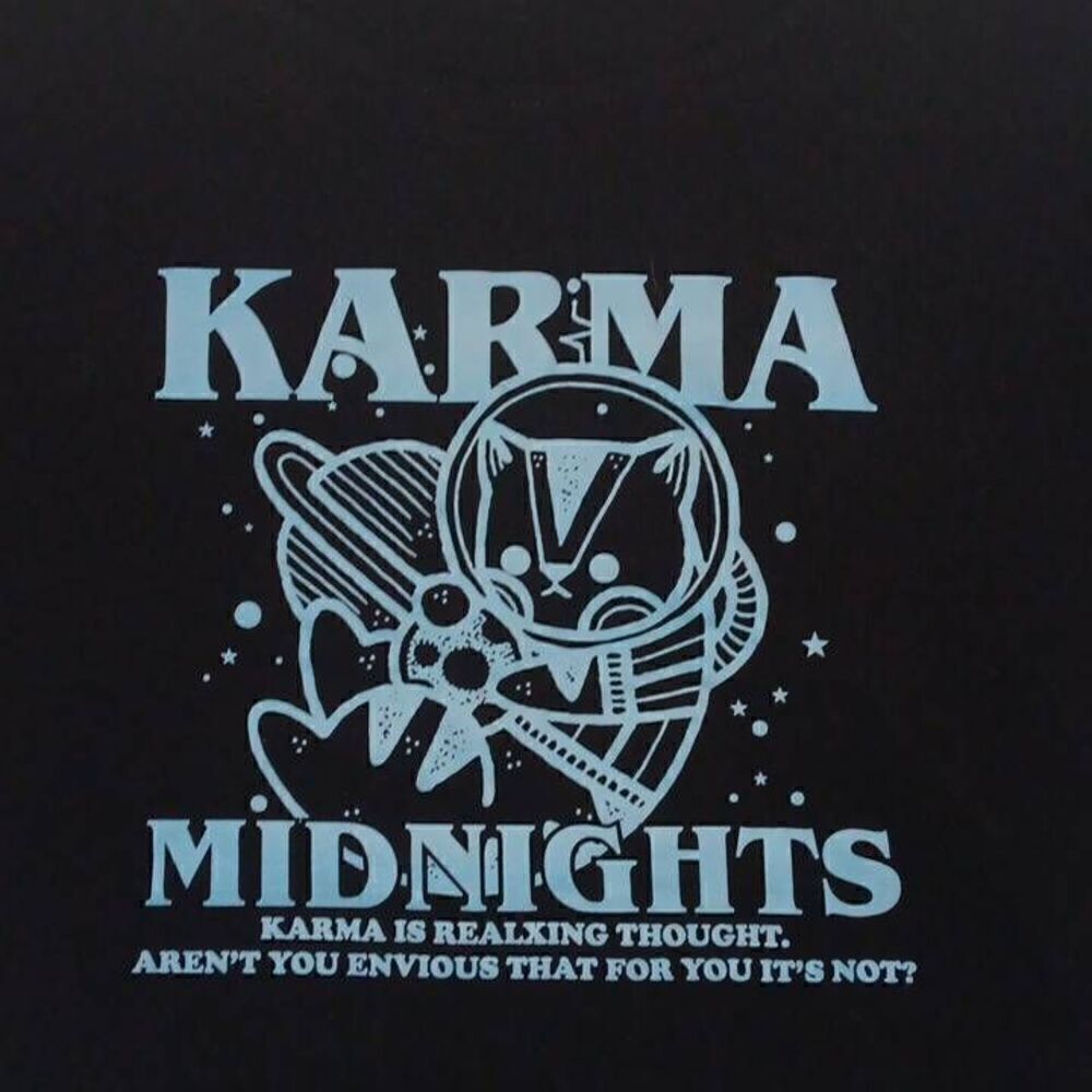 Karma Cropped Top Women's Tshirt Size Small PTP 18.5" Length 17" Cotton,Graphic